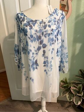 White & Blue Floral Chiffon Blouse